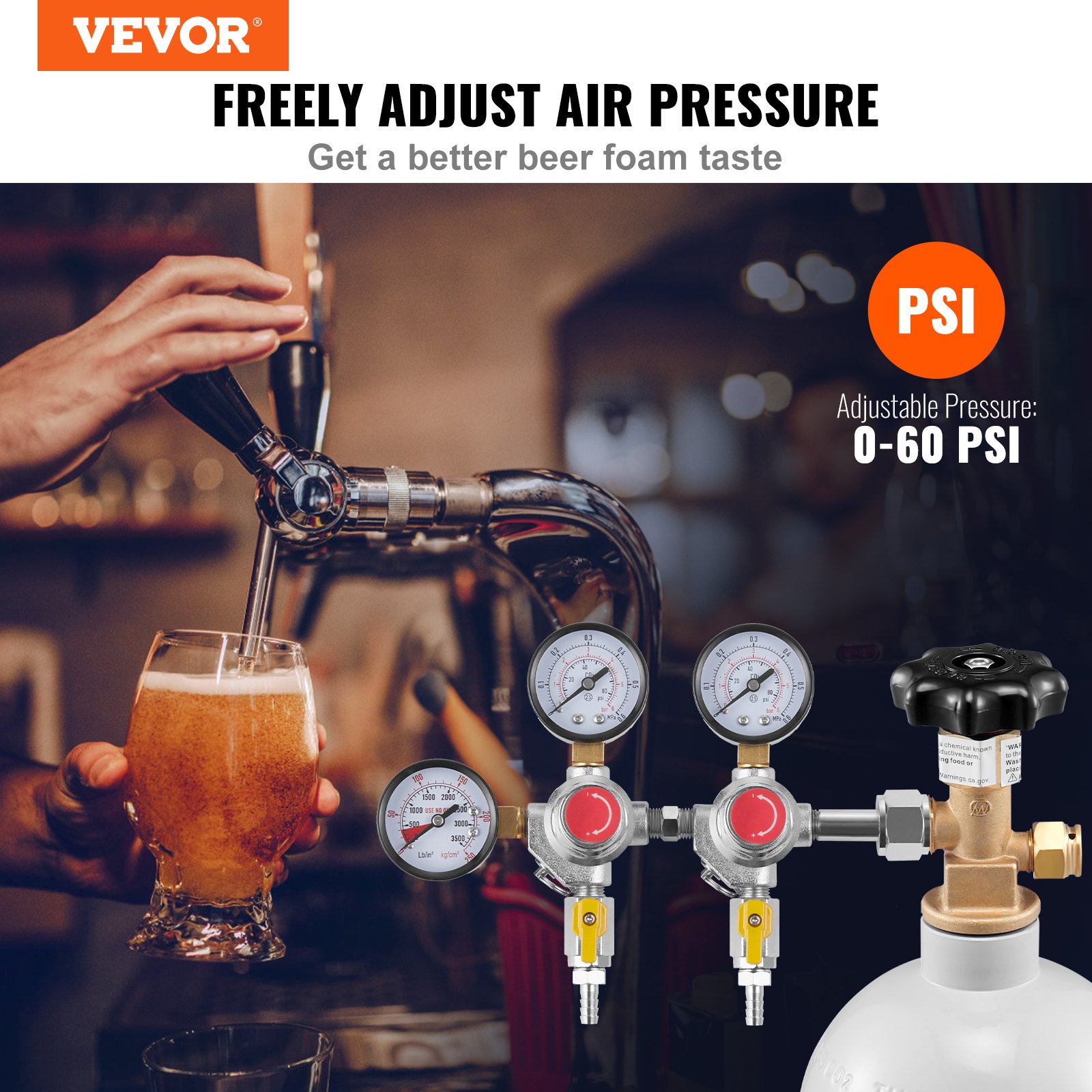VEVOR Triple Gauge Regulator, CO2 Regulator Gauge with 0-60PSI, Heavy Duty CO2 Gauge Gas System, Draft Beer Regulator with Check Valve, Adjustable Pressure Regulator for Draft Beer Homebrew, CGA320