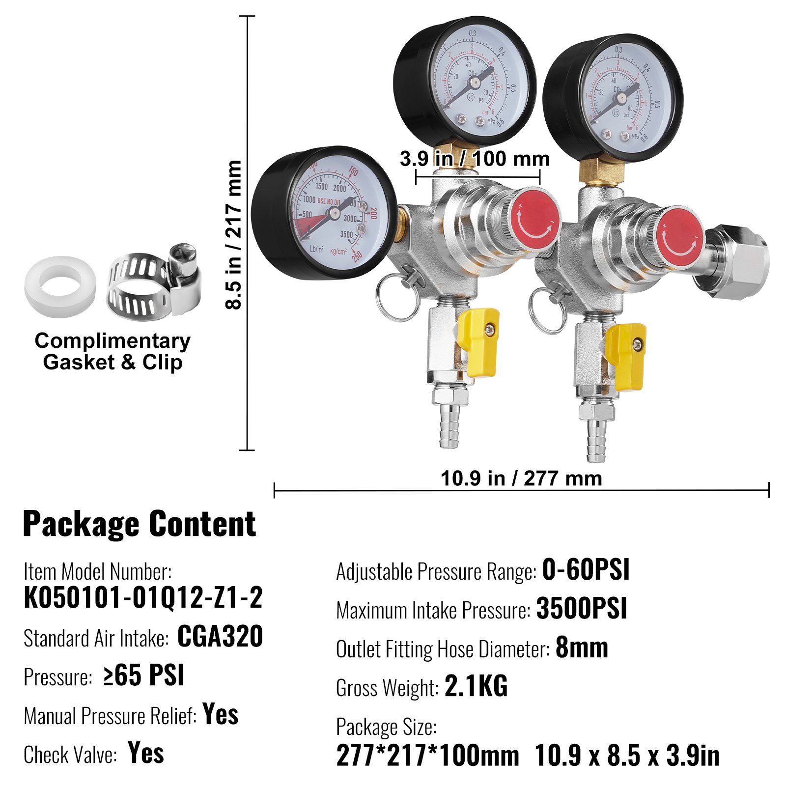 VEVOR Triple Gauge Regulator, CO2 Regulator Gauge with 0-60PSI, Heavy Duty CO2 Gauge Gas System, Draft Beer Regulator with Check Valve, Adjustable Pressure Regulator for Draft Beer Homebrew, CGA320