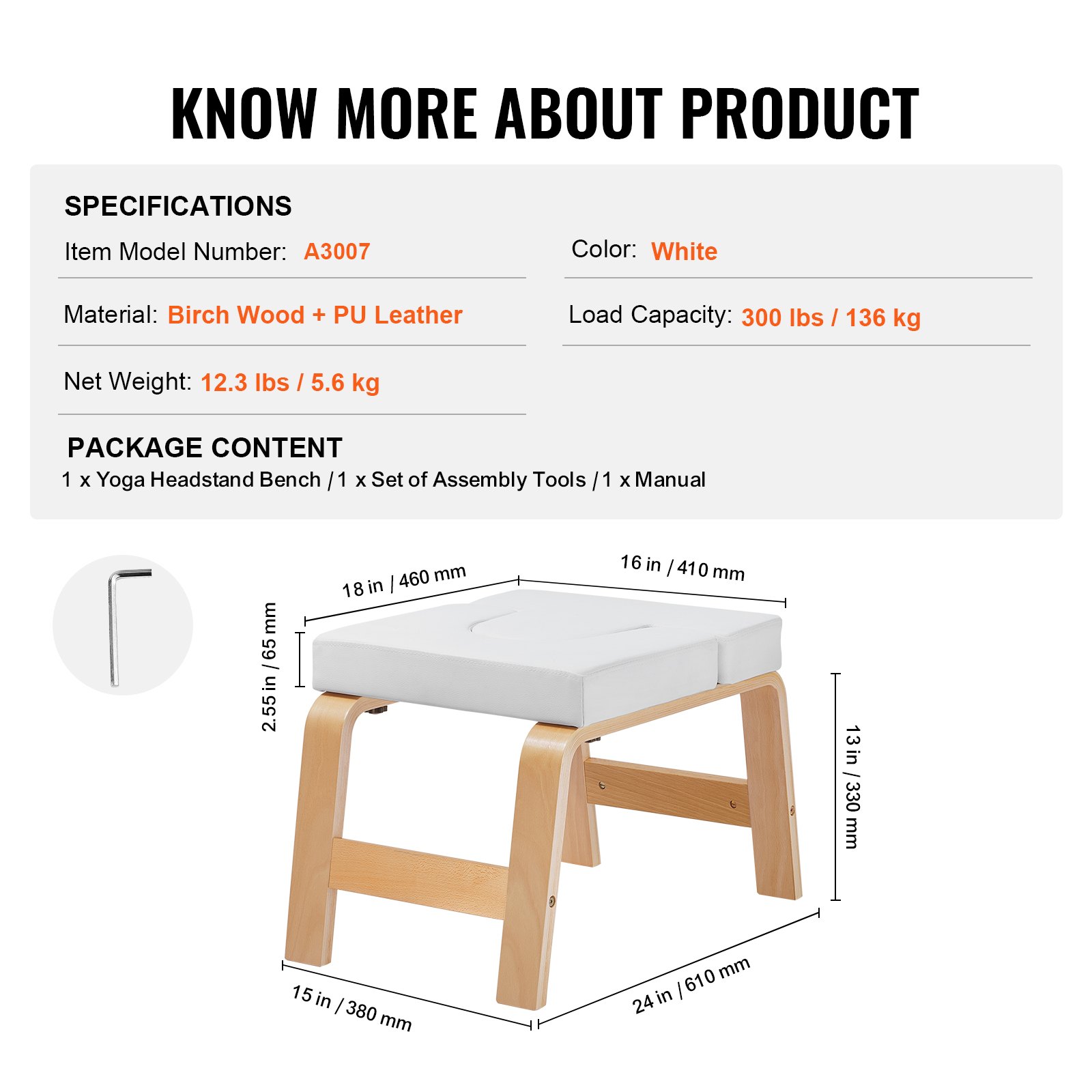 VEVOR Yoga Headstand Bench, 300 lbs Capacity Yoga Inversion Chair for Family Gym, Headstand Trainer with Wood Frame & PU Pad, Stand Yoga Stool for Strength Balance Training, Relieve Fatigue, White