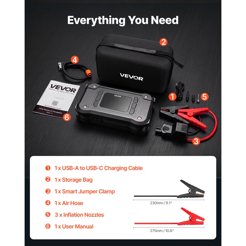 VEVOR Jump Starter with Air Compressor 8000A Peak Car Battery Jump Box, Portable for 9.0L Gas / 8.0L Diesel, 150 PSI Auto-Shutoff Tire Inflator, Power Bank, 12V Battery Charger, with LED Flashlight