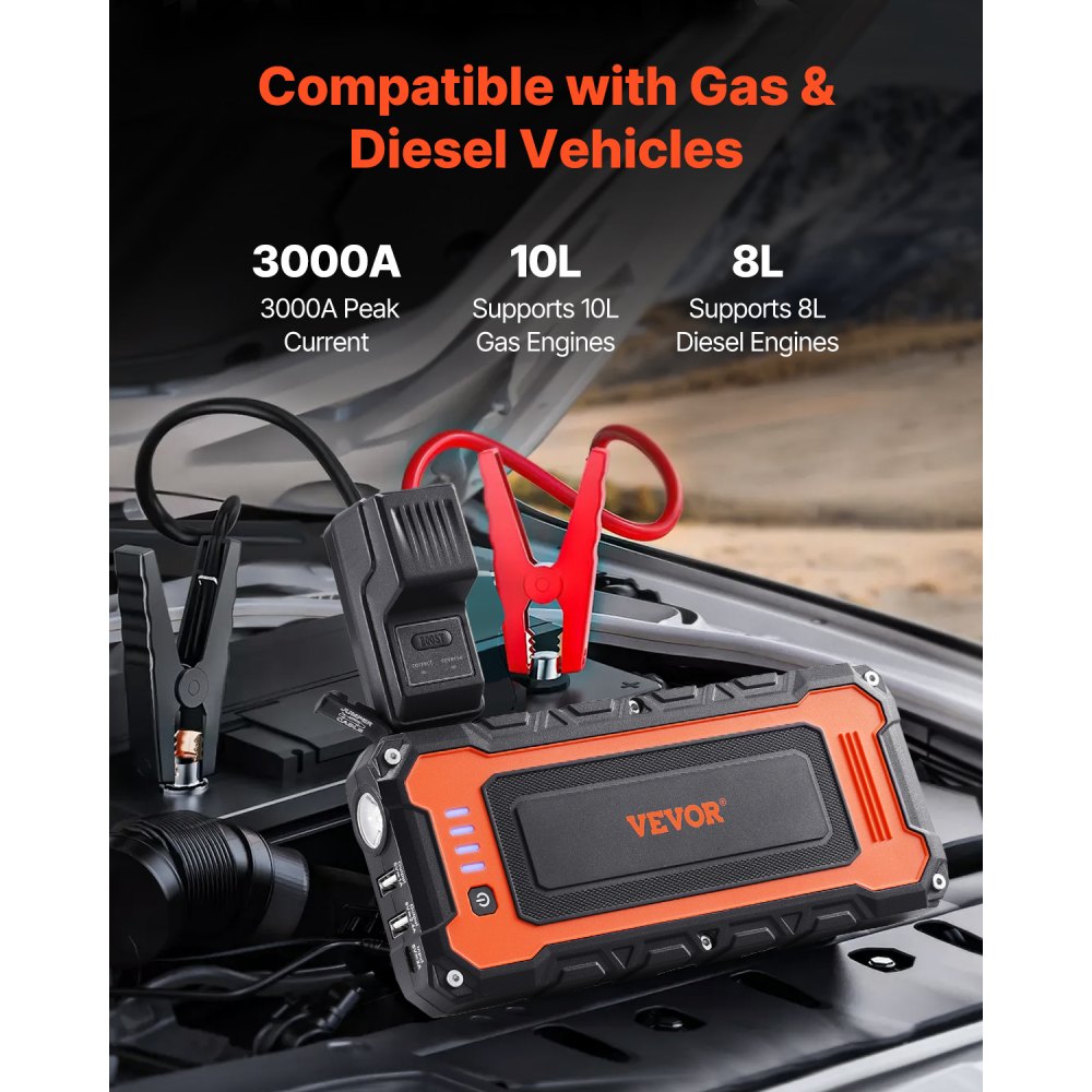 VEVOR 3000A Peak Jump Starter, 12V Portable Car Battery Booster Power Pack, Lithium Jump Box for up to 10L Gas and 8L Diesel Engines, with Heavy Duty Jumper Cables and LED Flashlight