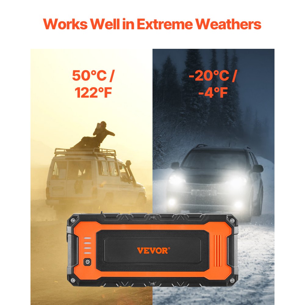 VEVOR 3000A Peak Jump Starter, 12V Portable Car Battery Booster Power Pack, Lithium Jump Box for up to 10L Gas and 8L Diesel Engines, with Heavy Duty Jumper Cables and LED Flashlight