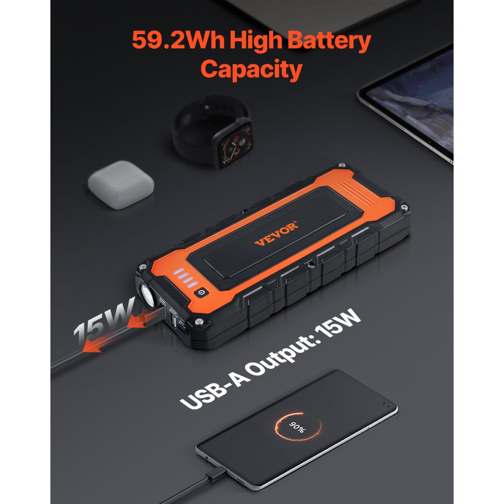 VEVOR 3000A Peak Jump Starter, 12V Portable Car Battery Booster Power Pack, Lithium Jump Box for up to 10L Gas and 8L Diesel Engines, with Heavy Duty Jumper Cables and LED Flashlight