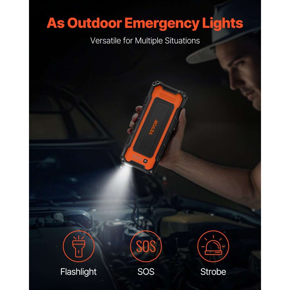 VEVOR 3000A Peak Jump Starter, 12V Portable Car Battery Booster Power Pack, Lithium Jump Box for up to 10L Gas and 8L Diesel Engines, with Heavy Duty Jumper Cables and LED Flashlight