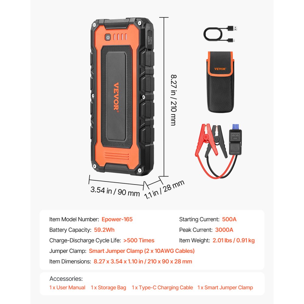 VEVOR 3000A Peak Jump Starter, 12V Portable Car Battery Booster Power Pack, Lithium Jump Box for up to 10L Gas and 8L Diesel Engines, with Heavy Duty Jumper Cables and LED Flashlight