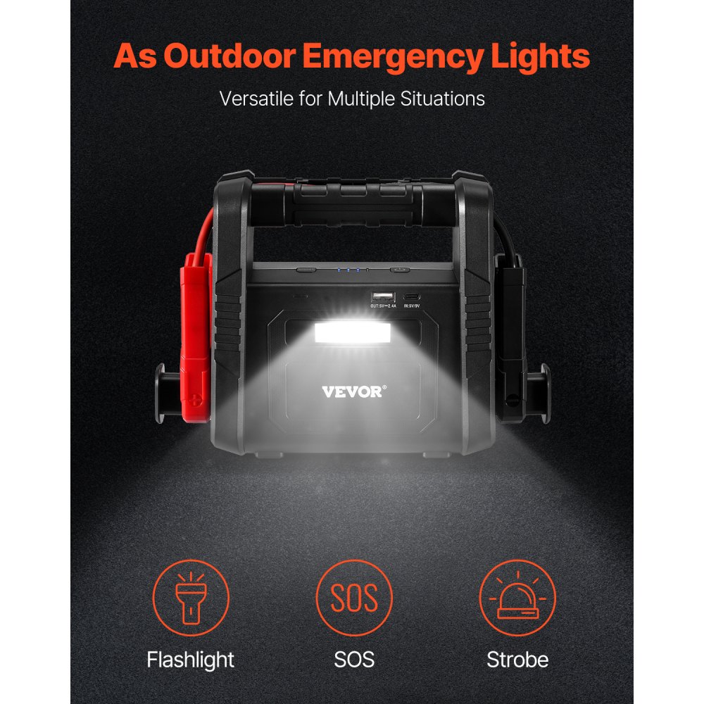 VEVOR Jump Starter, 4000A Peak, Car Battery Starter Power Pack, Portable Battery Booster with Jumper Cables, LED Light, 88.8Wh Lithium Jump Box for All Gas/up to 10L Diesel Engines