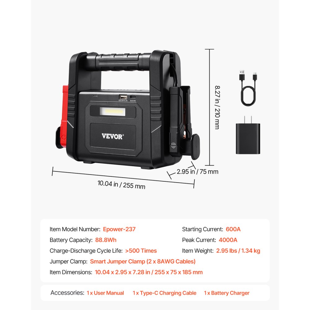 VEVOR Jump Starter, 4000A Peak, Car Battery Starter Power Pack, Portable Battery Booster with Jumper Cables, LED Light, 88.8Wh Lithium Jump Box for All Gas/up to 10L Diesel Engines