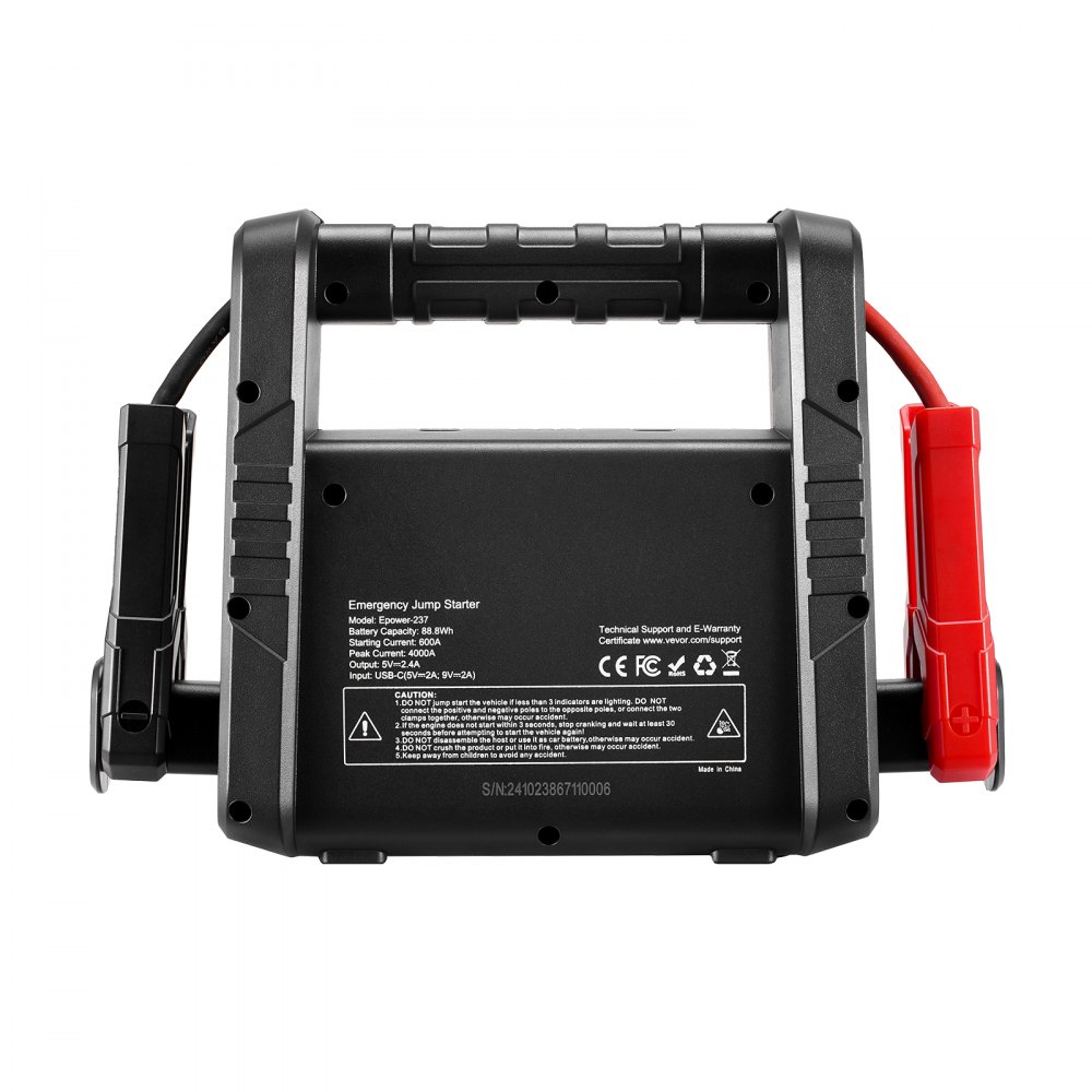 VEVOR Jump Starter, 4000A Peak, Car Battery Starter Power Pack, Portable Battery Booster with Jumper Cables, LED Light, 88.8Wh Lithium Jump Box for All Gas/up to 10L Diesel Engines
