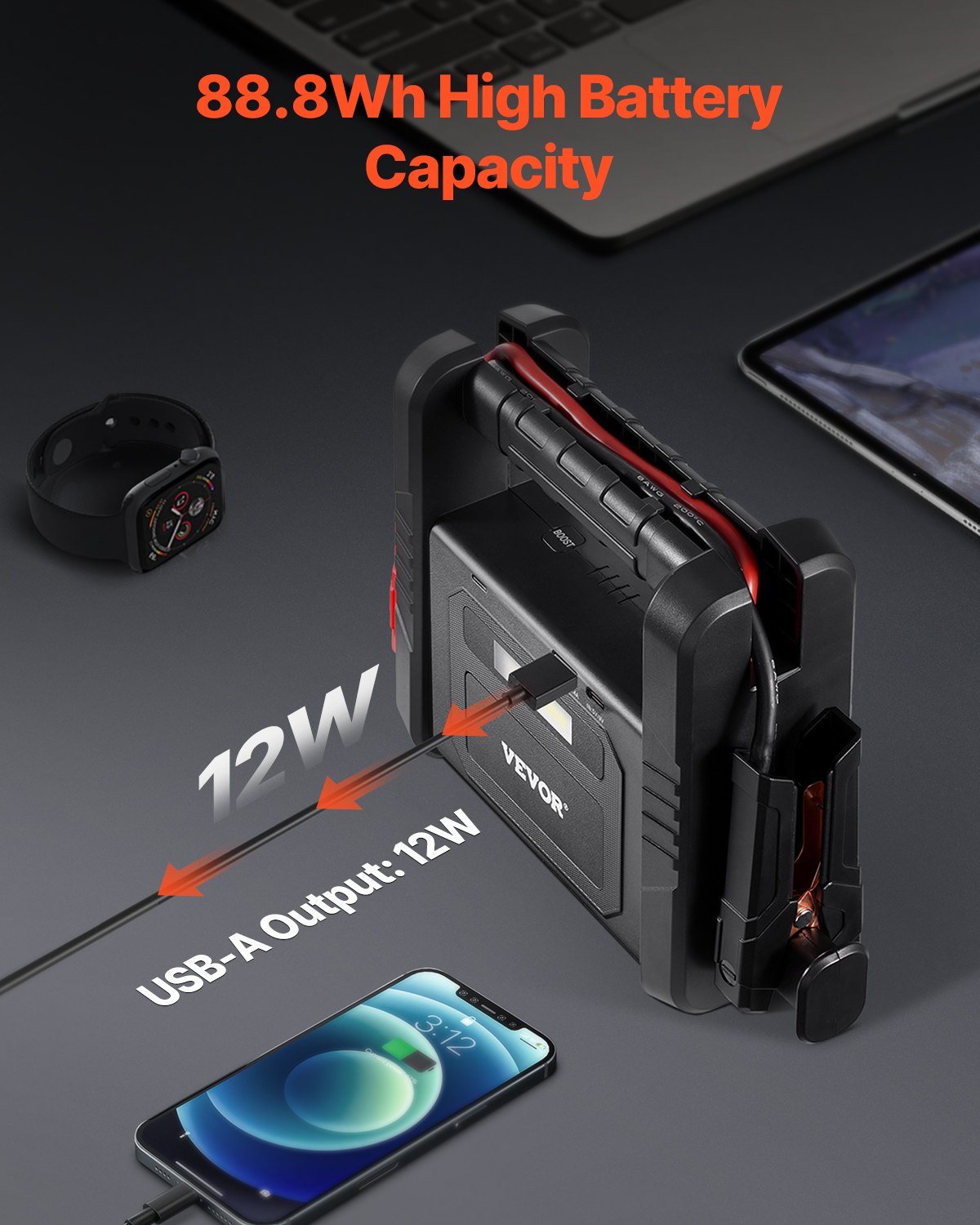VEVOR Jump Starter, 4000A Peak, Car Battery Starter Power Pack, Portable Battery Booster with Jumper Cables, LED Light, 88.8Wh Lithium Jump Box for All Gas/up to 10L Diesel Engines