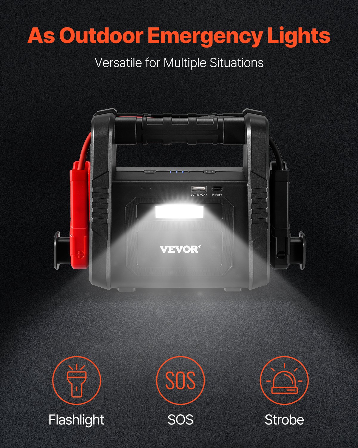 VEVOR Jump Starter, 4000A Peak, Car Battery Starter Power Pack, Portable Battery Booster with Jumper Cables, LED Light, 88.8Wh Lithium Jump Box for All Gas/up to 10L Diesel Engines