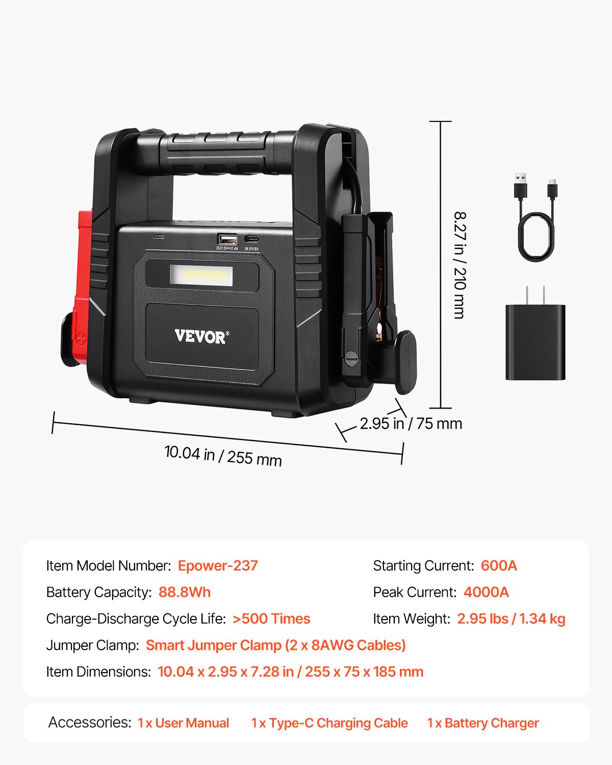 VEVOR Jump Starter, 4000A Peak, Car Battery Starter Power Pack, Portable Battery Booster with Jumper Cables, LED Light, 88.8Wh Lithium Jump Box for All Gas/up to 10L Diesel Engines
