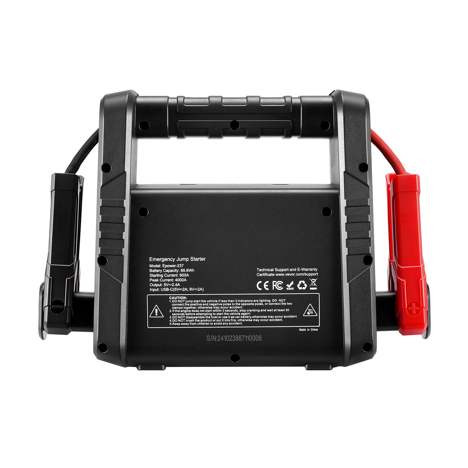 VEVOR Jump Starter, 4000A Peak, Car Battery Starter Power Pack, Portable Battery Booster with Jumper Cables, LED Light, 88.8Wh Lithium Jump Box for All Gas/up to 10L Diesel Engines