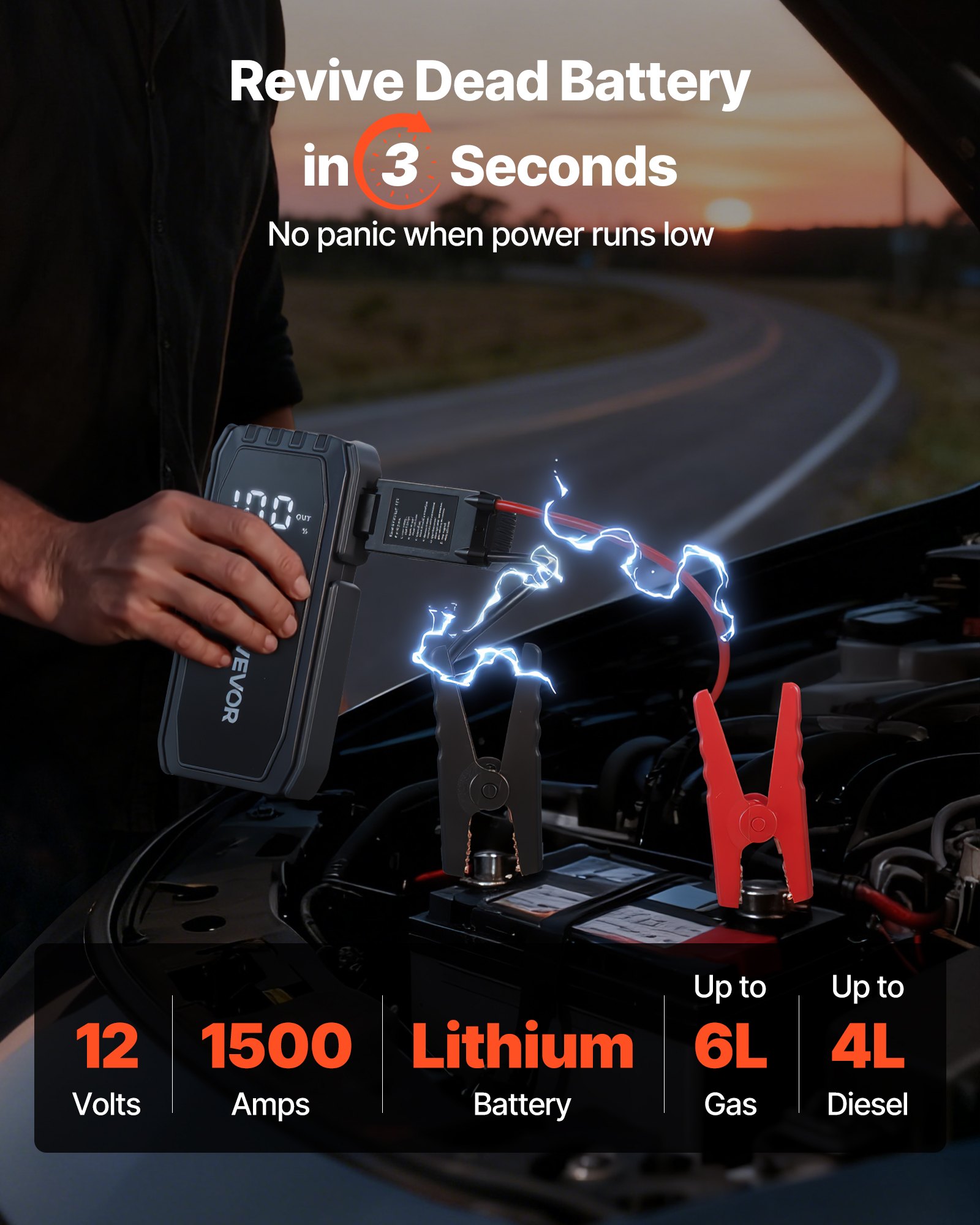 VEVOR Jump Starter, 1500A Peak, Car Jumper Starter Battery Pack, 12V Portable Lithium Battery Booster, Jump Box Power Bank with 3 Modes Flashlight and Jumper Cable, for Up to 6L Gas/4L Diesel Engines