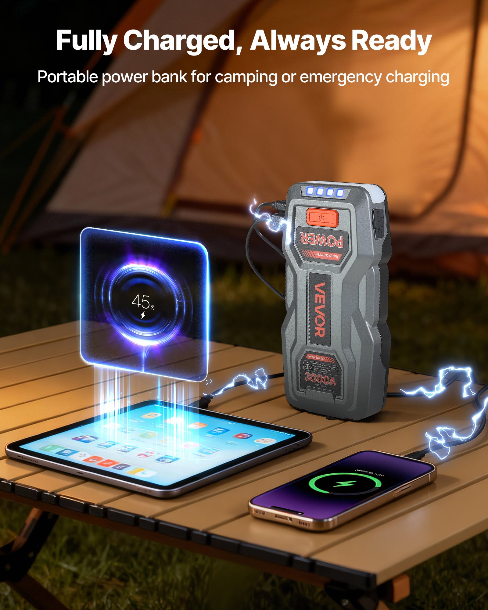 VEVOR Jump Starter, 3000A Peak, Car Jumper Starter Battery Pack, 12V Portable Lithium Battery Booster, Jump Box Power Bank with 3 Modes Flashlight and Jumper Cable, for Up to 9L Gas/7L Diesel Engines