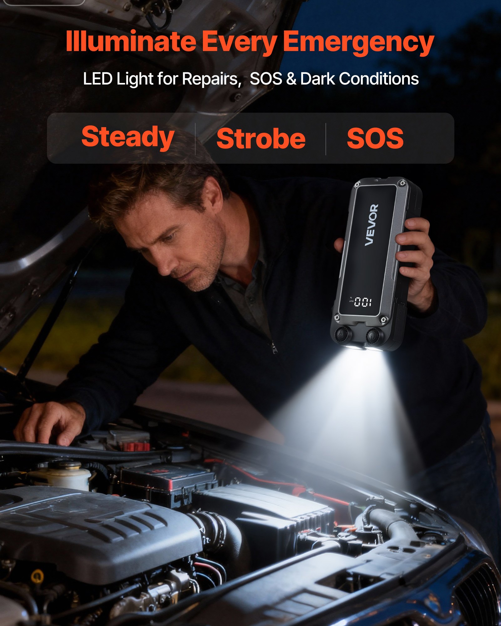 VEVOR Jump Starter, 4000A Peak, Car Jumper Starter Battery Pack, 12V Portable Lithium Battery Booster, Jump Box Power Bank with 3 Modes Flashlight and Jumper Cable, for 10L Gas and 8L Diesel Engines