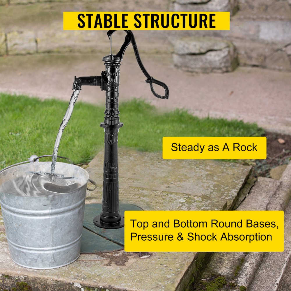VEVOR Antique Hand Water Pump Stand Pitcher Pump Stand Cast Iron Well Pump Stand with Pre-set Holes for Easy Installation Old Fashion Pitcher Hand Pump Stand for Home Yard Pond Garden Outdoors Black