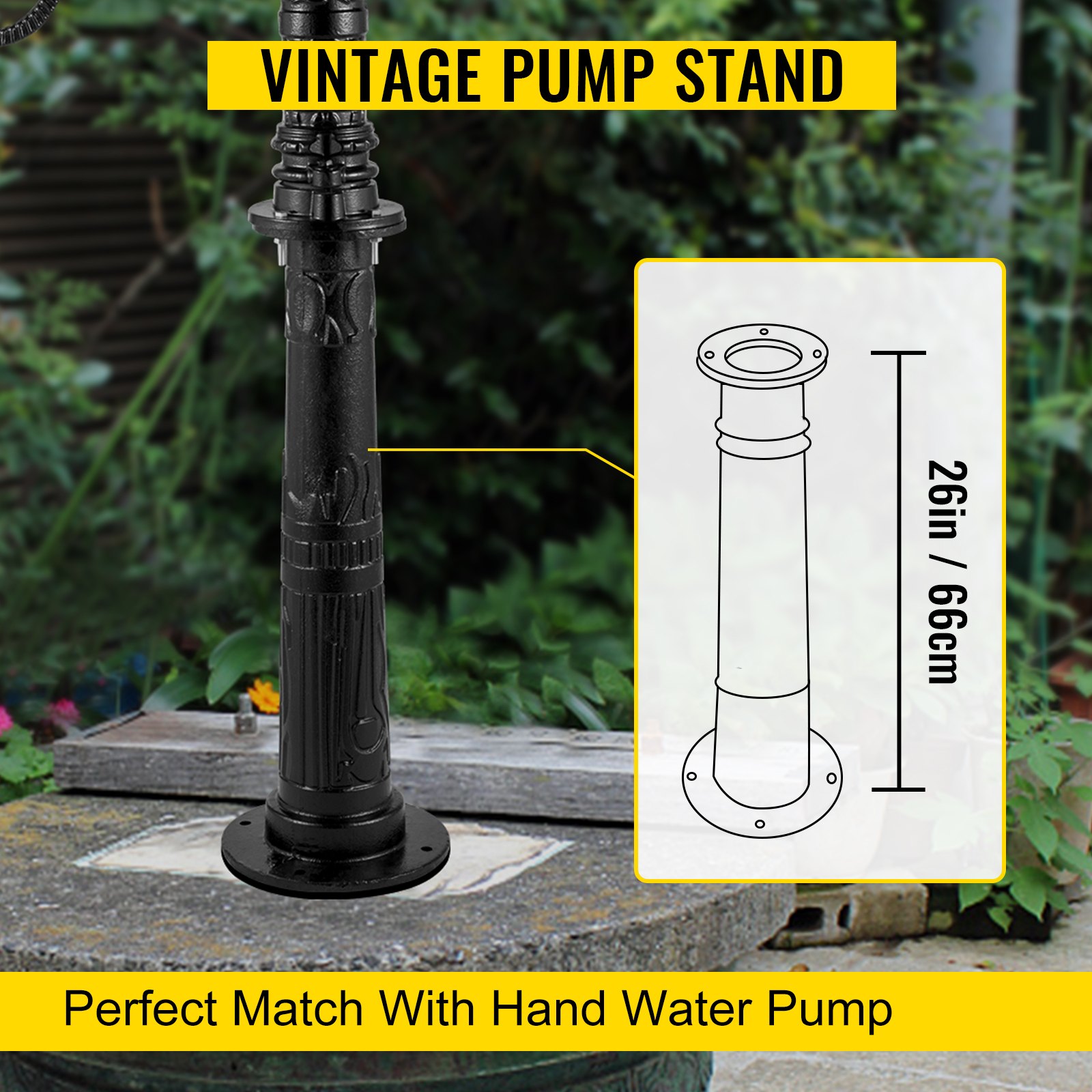 VEVOR Antique Hand Water Pump Stand Pitcher Pump Stand Cast Iron Well Pump Stand with Pre-set Holes for Easy Installation Old Fashion Pitcher Hand Pump Stand for Home Yard Pond Garden Outdoors Black