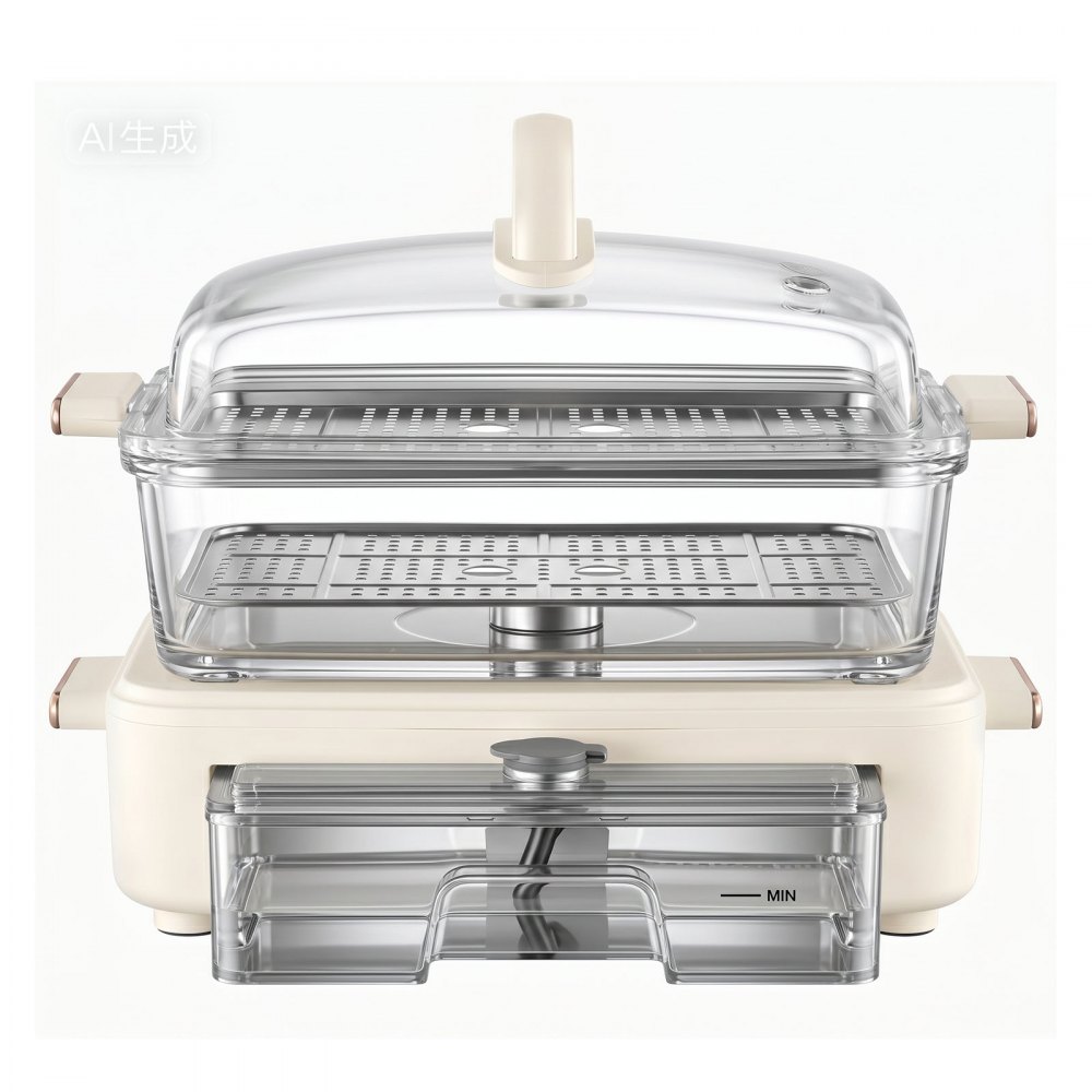 VEVOR Electric Food Steamer 6L Glass with 2-Tier Stainless Steel Trays, 1200W Vegetable Steamer for Cooking, 1-3 Servings, Pre-Programmed Settings, Delay Start, for Veggies, Seafood & Rice, White