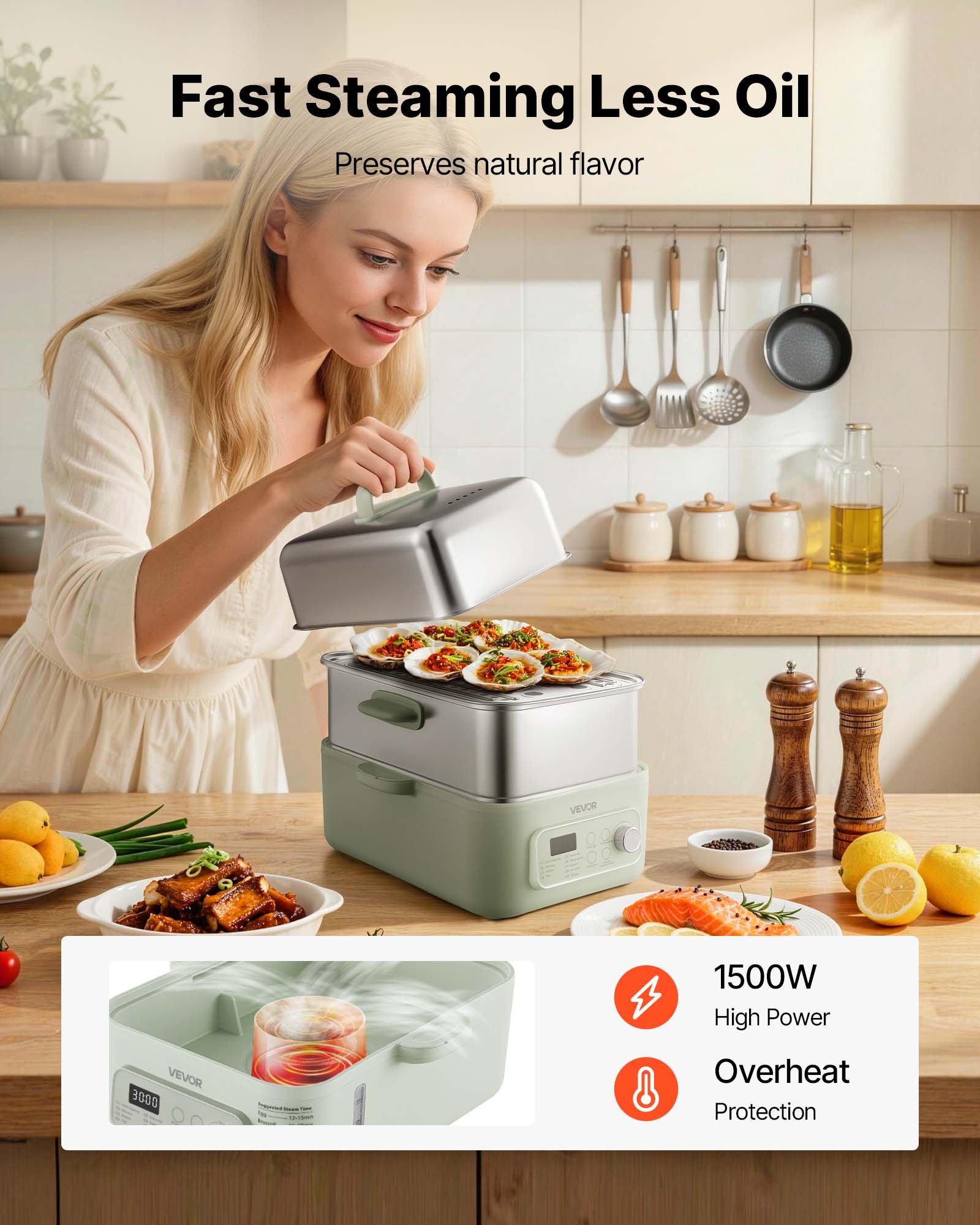 VEVOR Electric Food Steamer 13L 2-Tier Stainless Steel for 3-6 Servings, 1500W Vegetable & Meal Steamer for Cooking with 9 Pre-Programmed Settings, Keep Warm, for Veggies, Seafood and Rice, Green