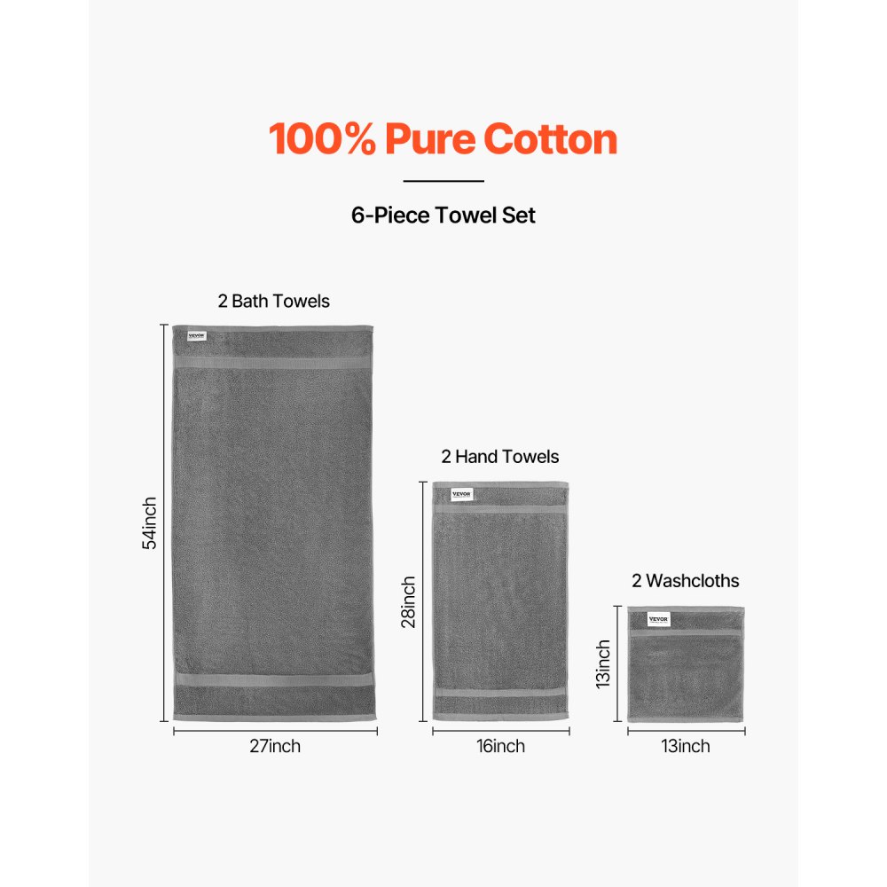VEVOR 6-Piece Towel Set, 600 GSM 100% Cotton Towels for Bathroom, 2 Bath Towels, 2 Hand Towels and 2 Washcloths, Highly Absorbent & Quick Drying Bathroom Towels for Bathroom, Gym, Hotel, and Spa