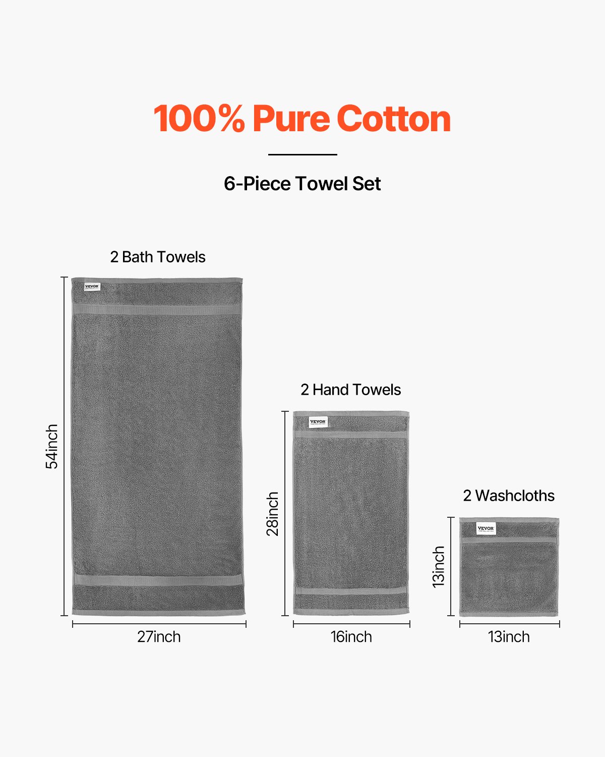VEVOR 6-Piece Towel Set, 600 GSM 100% Cotton Towels for Bathroom, 2 Bath Towels, 2 Hand Towels and 2 Washcloths, Highly Absorbent & Quick Drying Bathroom Towels for Bathroom, Gym, Hotel, and Spa