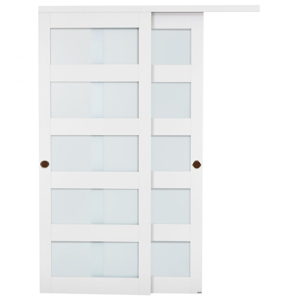 Posuvné dveře do šatny VEVOR, 1524 mm (dvojité 787 mm) x 2032 mm, 5-litrové posuvné dveře z matného skla s kováním, masivní dřevo a MDF deska s voděodolným PVC povrchem pro šatny a ložnice