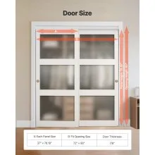 VEVOR Sliding Closet Door 72"(Double 37") x 80" 3-Lite Frosted Glass Bypass Door