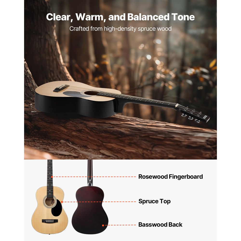 VEVOR Dreadnought Acoustic Guitar, 39 in, 6-String Natural Solid Spruce Top Guitar, Portable Bundle with Gig Bag, Tuner, Strap, Steel Strings, Picks, Capo, Rosewood Fingerboard, for Beginner Adults