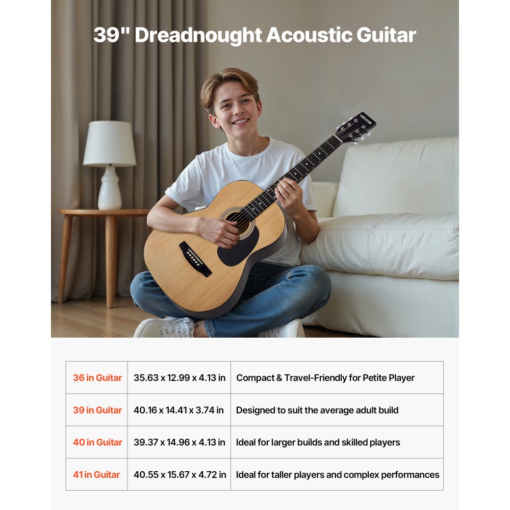 VEVOR Dreadnought Acoustic Guitar, 39 in, 6-String Natural Solid Spruce Top Guitar, Portable Bundle with Gig Bag, Tuner, Strap, Steel Strings, Picks, Capo, Rosewood Fingerboard, for Beginner Adults