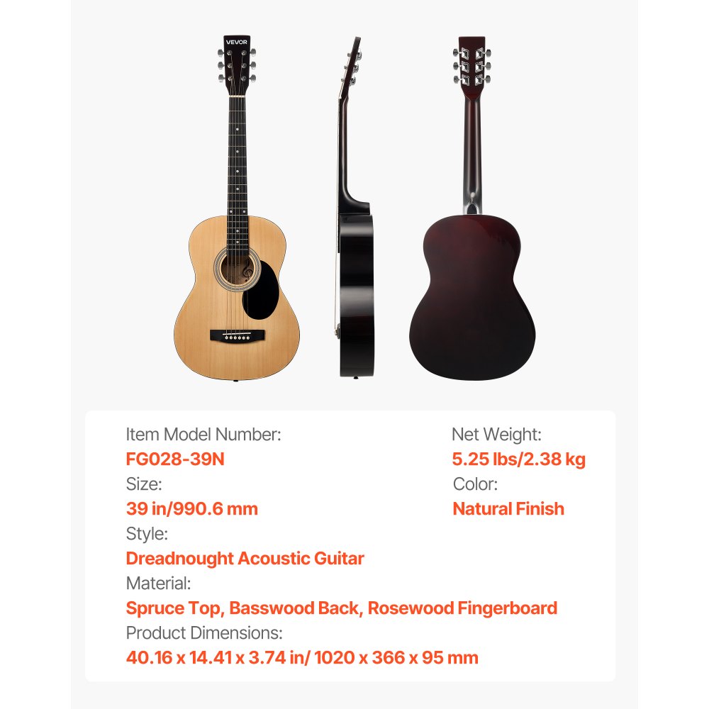 VEVOR Dreadnought Acoustic Guitar, 39 in, 6-String Natural Solid Spruce Top Guitar, Portable Bundle with Gig Bag, Tuner, Strap, Steel Strings, Picks, Capo, Rosewood Fingerboard, for Beginner Adults