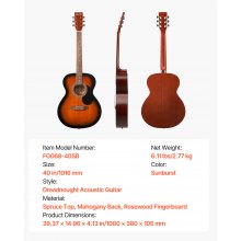 40 in Dreadnought Acoustic Guitar Beginner Bundle with Gig Bag Adult Sunburst
