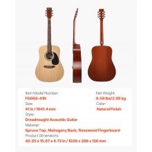 41 in Dreadnought Acoustic Guitar Natural Beginner Bundle Gig Bag for Adult Tall
