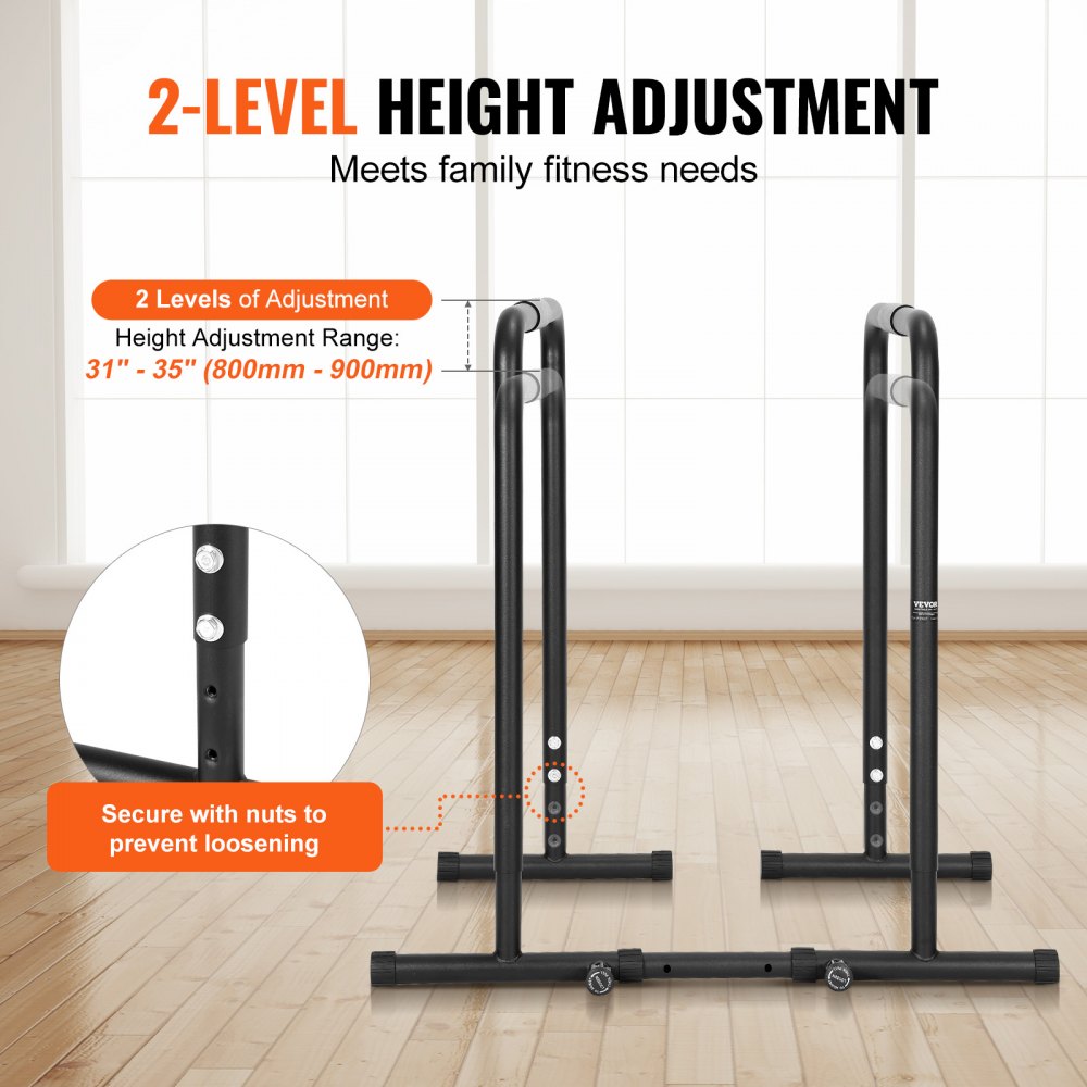 VEVOR dip bar with 2-level height adjustment ranging from 31&quot; to 35&quot;, secure with nuts to prevent loosening.