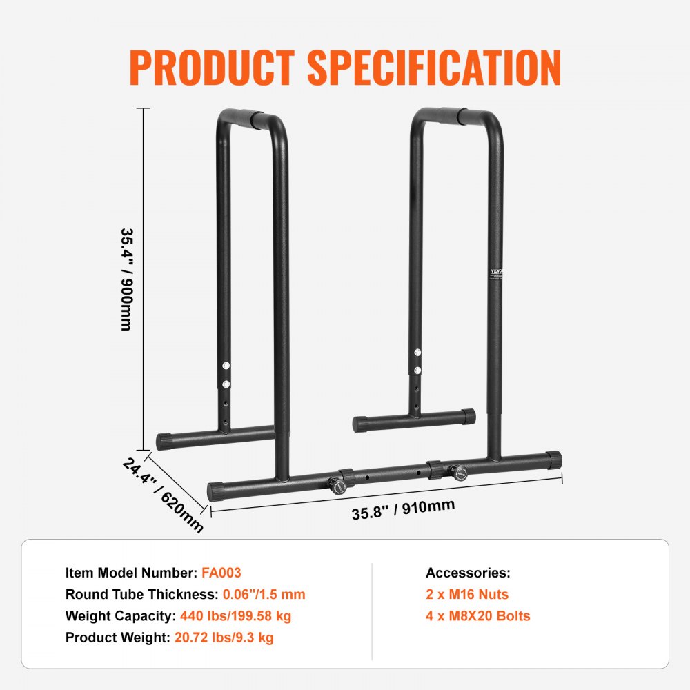 VEVOR dip bar, 35.4&quot; height, 35.8&quot; width, 24.4&quot; depth, 440 lbs capacity, item number fa003.