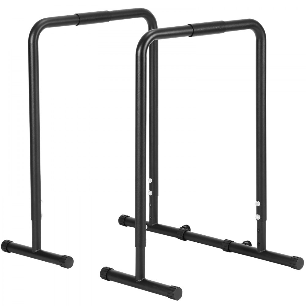 VEVOR dip bar in black with adjustable height, featuring sturdy construction and t-bar base.