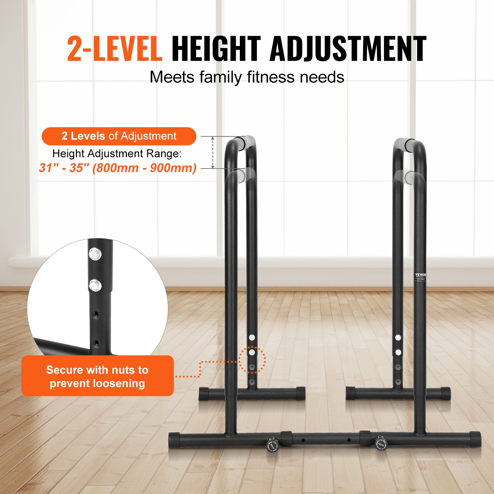 VEVOR dip bar with 2-level height adjustment ranging from 31&quot; to 35&quot;, secure with nuts to prevent loosening.