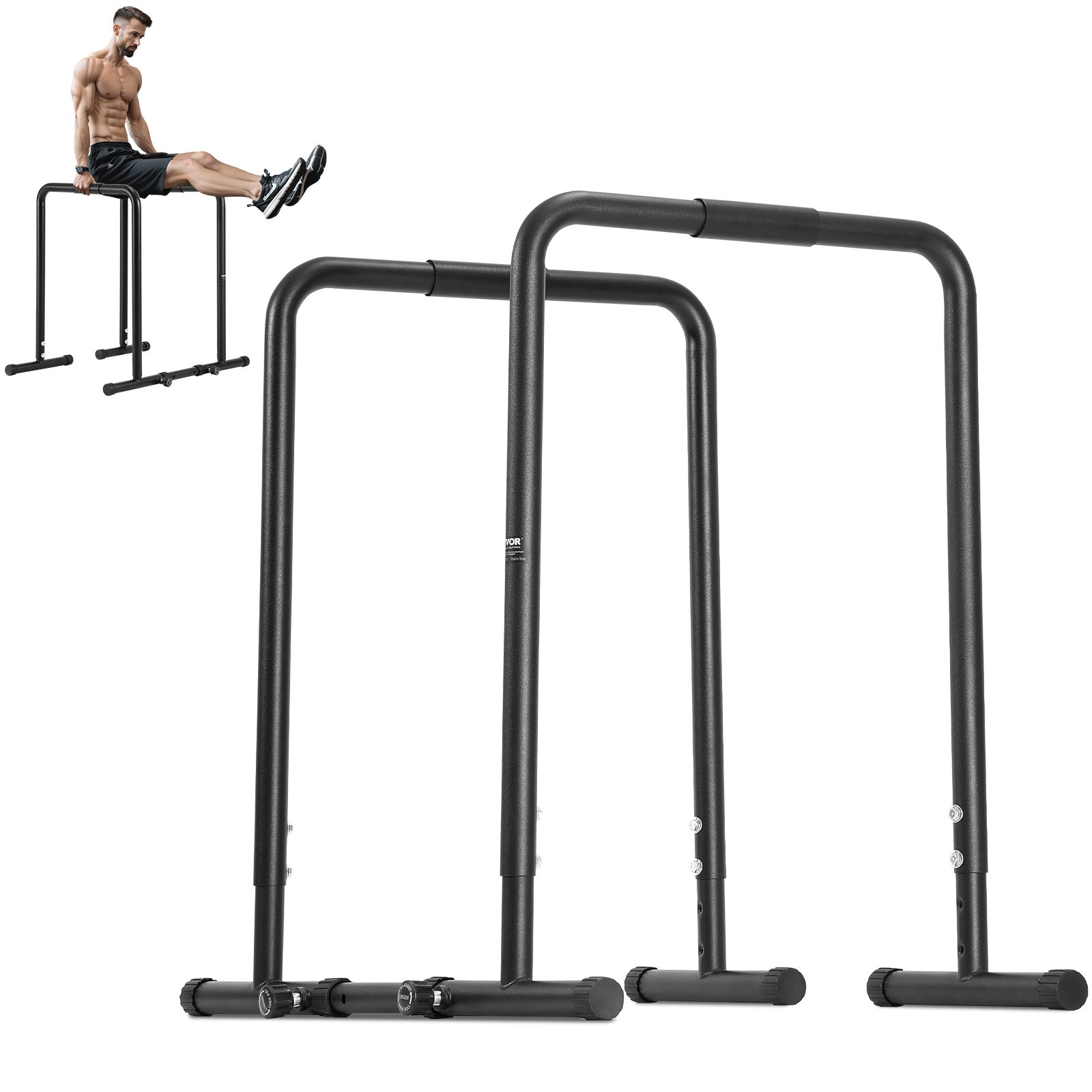 VEVOR dip bar with man performing an l-sit exercise. sturdy black fitness equipment for home workouts.