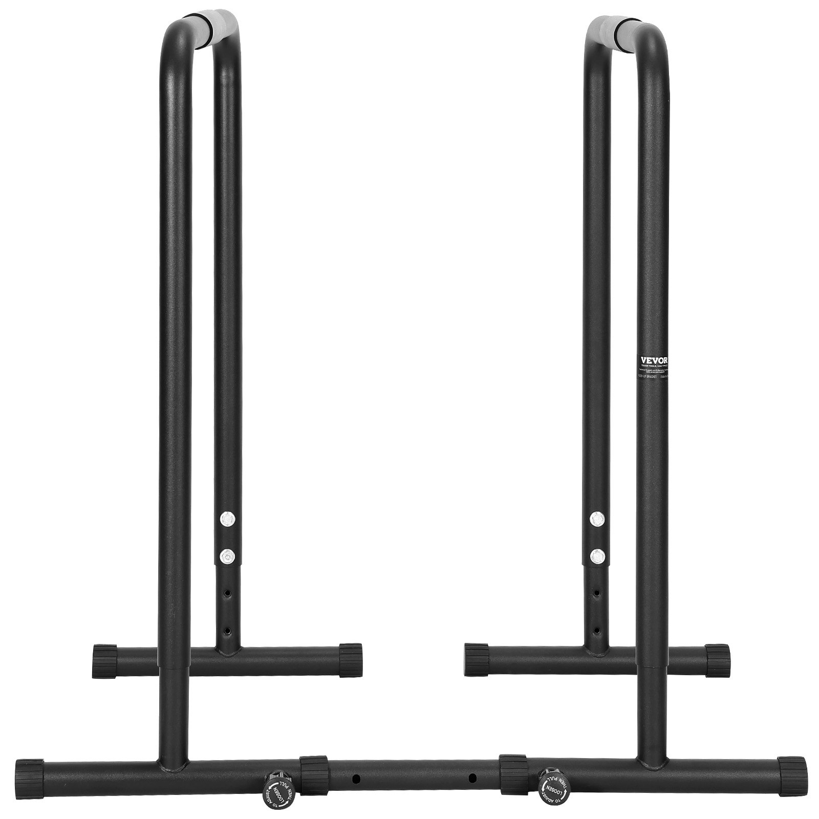 black VEVOR dip bar with padded handles and adjustable height for home gym workouts.