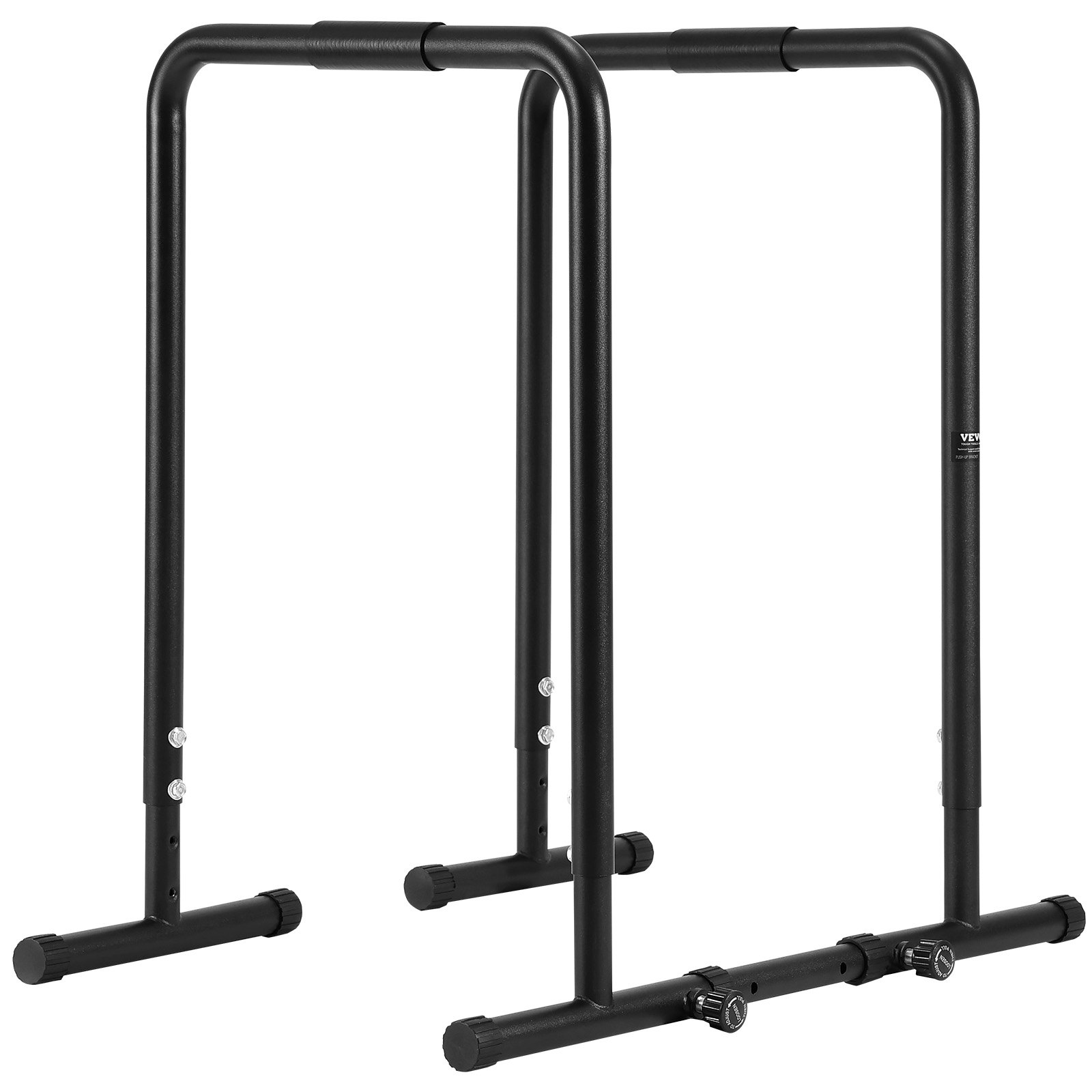 black VEVOR dip bar with adjustable height and non-slip feet for strength training and workouts.