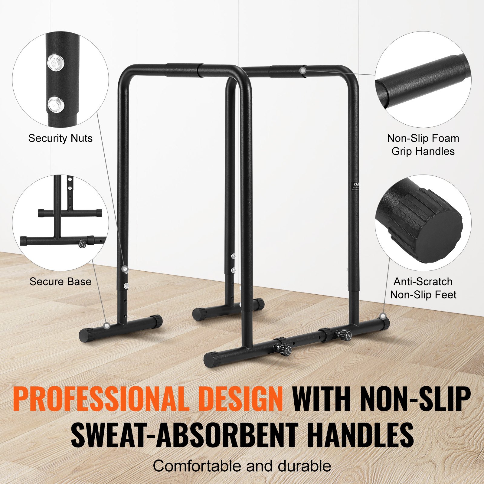 VEVOR Dip Bar, 200 kg Capacity, Heave Duty Dip Stand Station with Adjustable Height, Fitness Workout Dip Bar Station Stabilizer Parallette Push Up Stand, Parallel Bars for Strength Training Home Gym