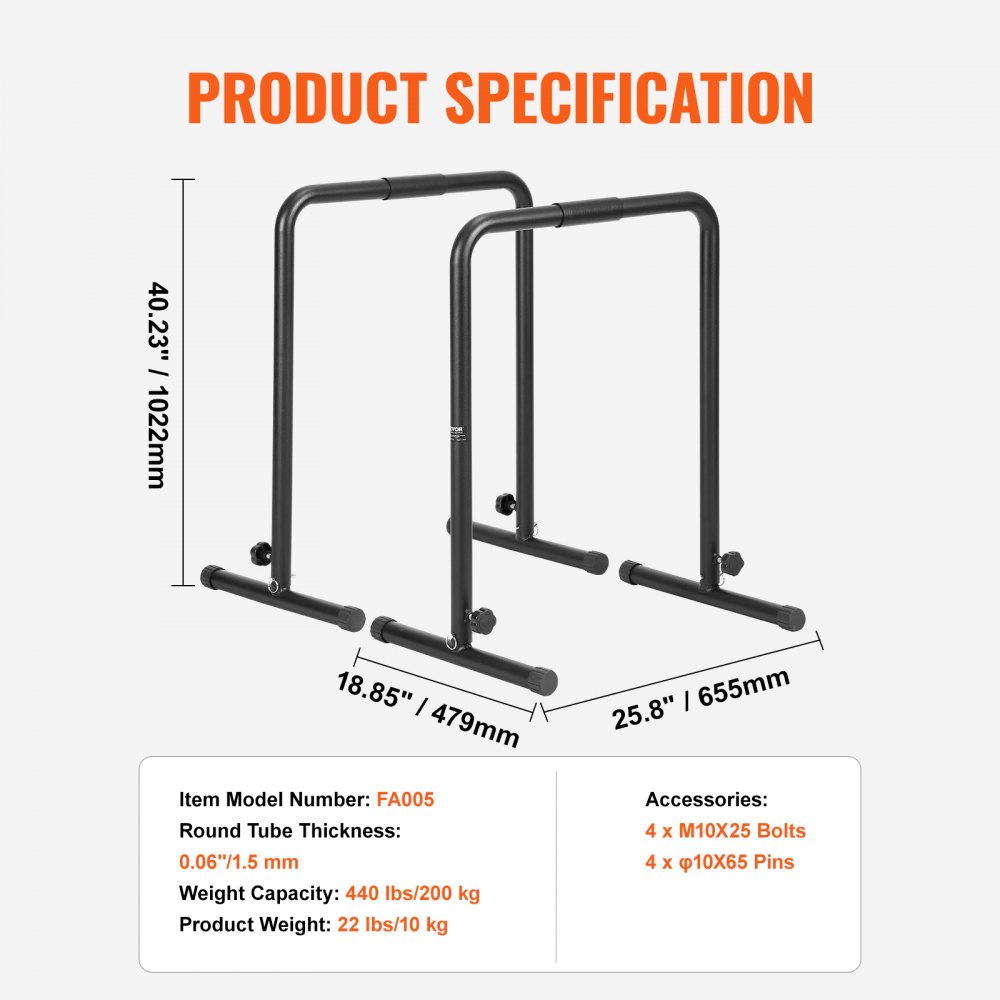 VEVOR Dip Bars, 440 lbs kapacitet, Heave Duty Dip Stand Station med justerbar højde, Fitness Workout Dip Bar Station Stabilisator Paralette Push Up Stand, Parallelle Stænger til styrketræning Hjemmegym