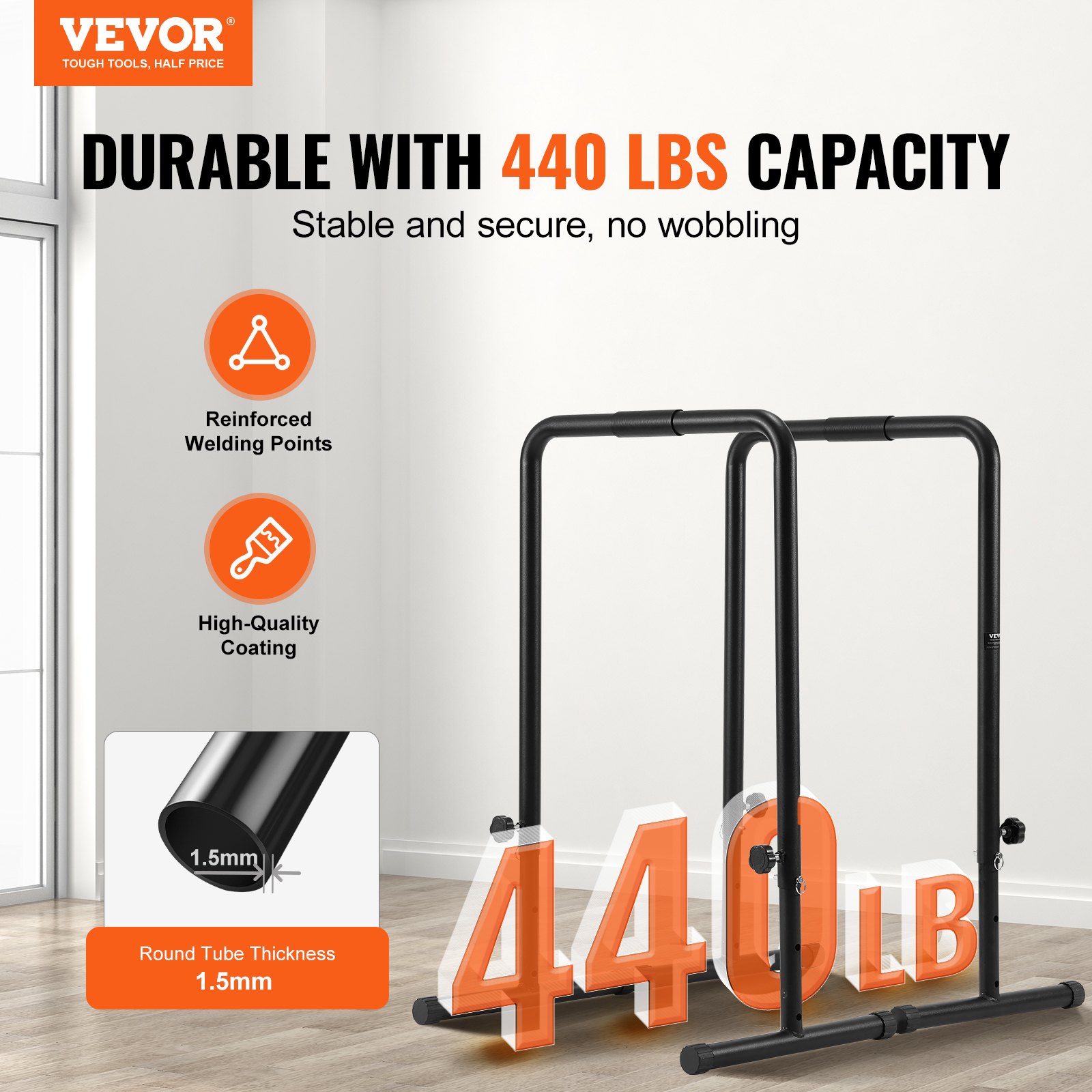 VEVOR Dip Bars, 440 lbs kapacitet, Heave Duty Dip Stand Station med justerbar højde, Fitness Workout Dip Bar Station Stabilisator Paralette Push Up Stand, Parallelle Stænger til styrketræning Hjemmegym