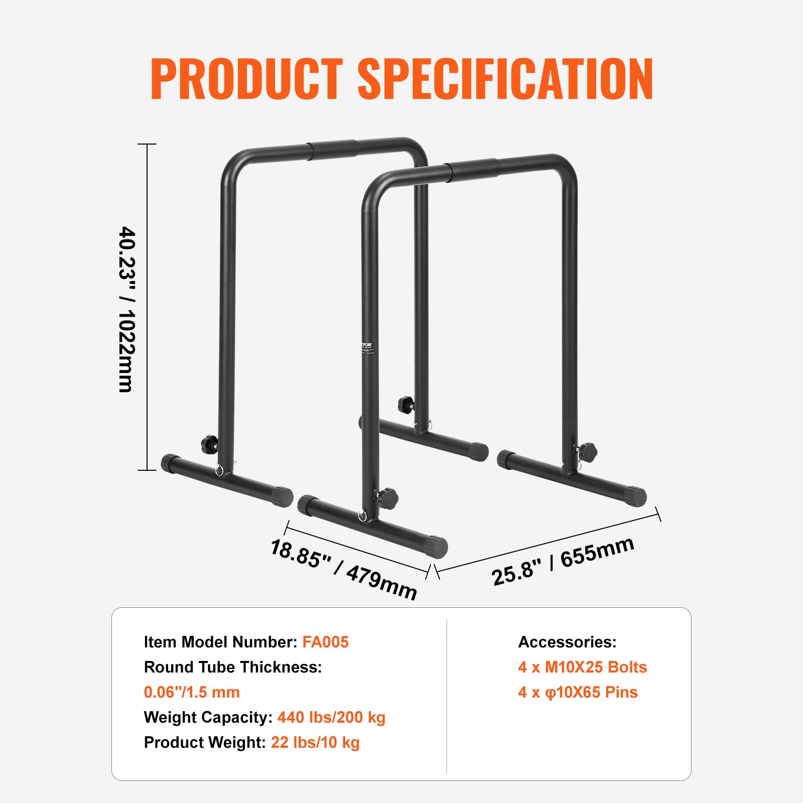 VEVOR Dip Bars, 440 lbs kapacitet, Heave Duty Dip Stand Station med justerbar højde, Fitness Workout Dip Bar Station Stabilisator Paralette Push Up Stand, Parallelle Stænger til styrketræning Hjemmegym