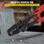 VEVOR hand swager crimper swaging and cutting steel cable with red handles.