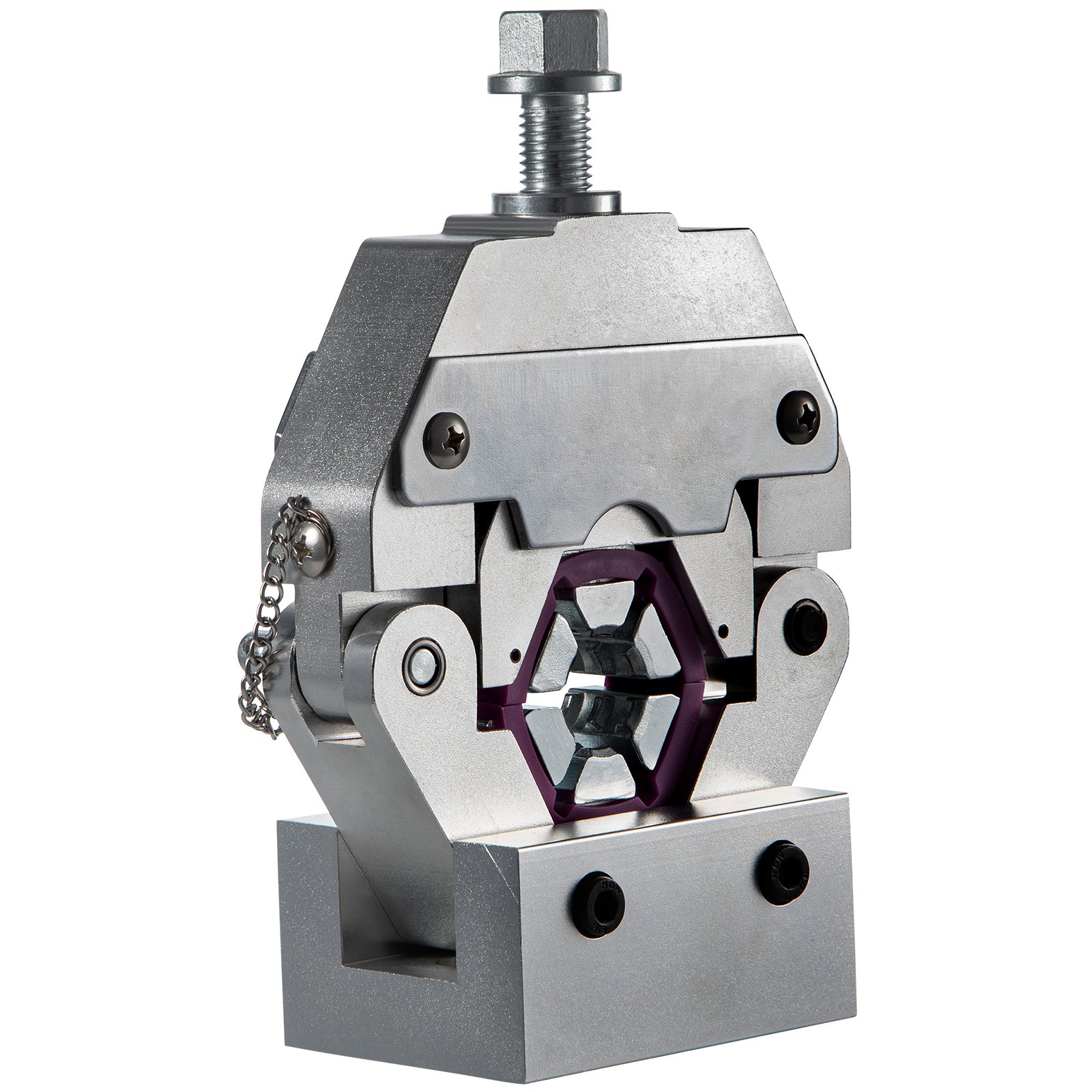 VEVOR ac hose crimper tool close-up with hexagonal clamp and adjustment bolt.