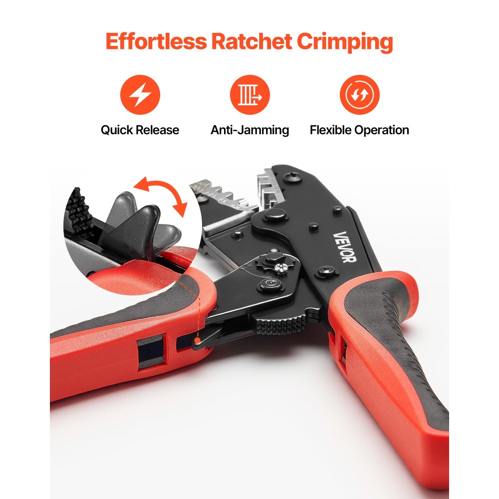 VEVOR Crimping Tool, 0.25-6 mm² Ratcheting Wire Crimper Tool, Labor-Saving Electrical Terminal Crimp Pliers with Clear Metric & AWG Markings, Quick Release, Adjustable Pressure for Multiple Terminals