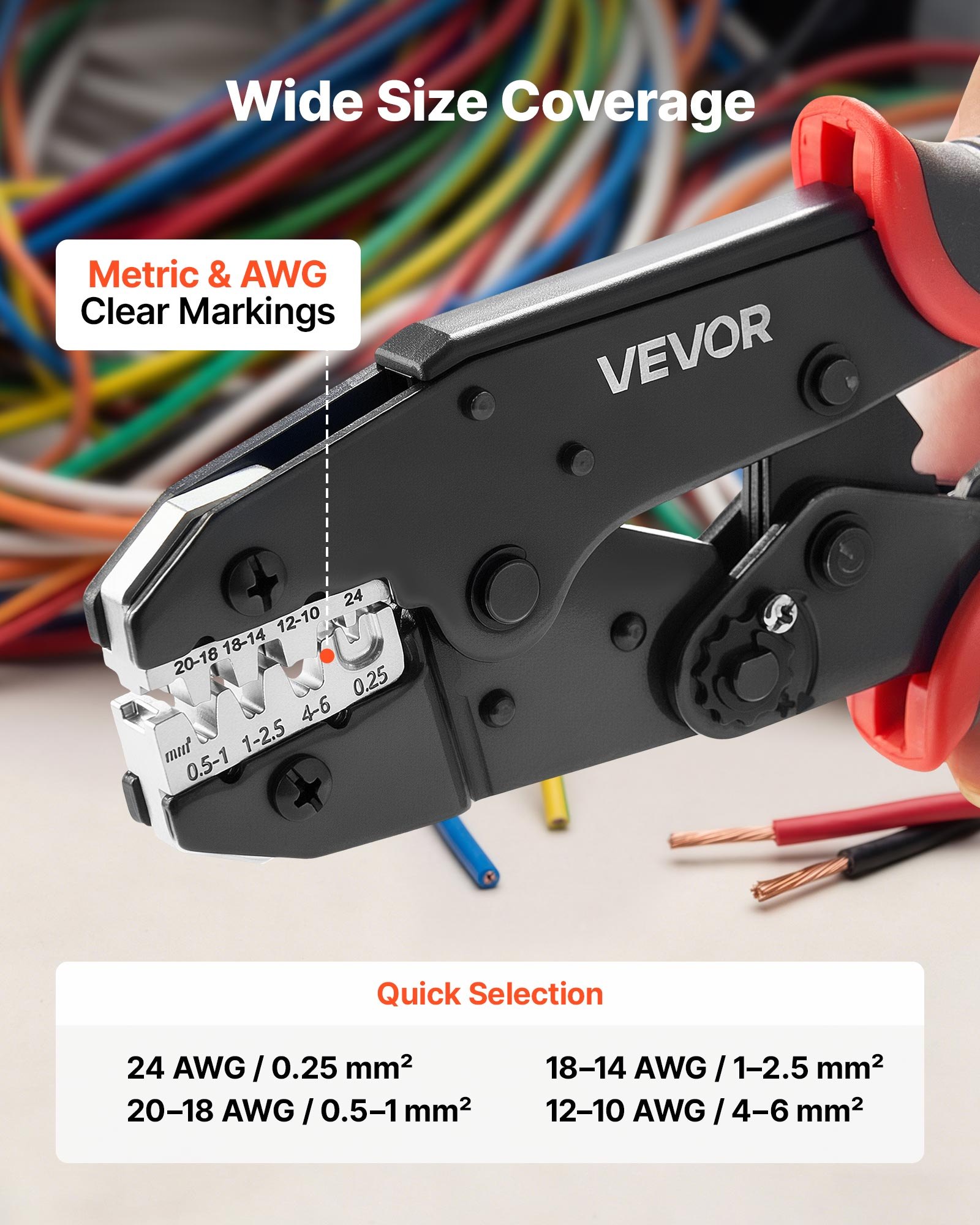 VEVOR Crimping Tool, 0.25-6 mm² Ratcheting Wire Crimper Tool, Labor-Saving Electrical Terminal Crimp Pliers with Clear Metric & AWG Markings, Quick Release, Adjustable Pressure for Multiple Terminals