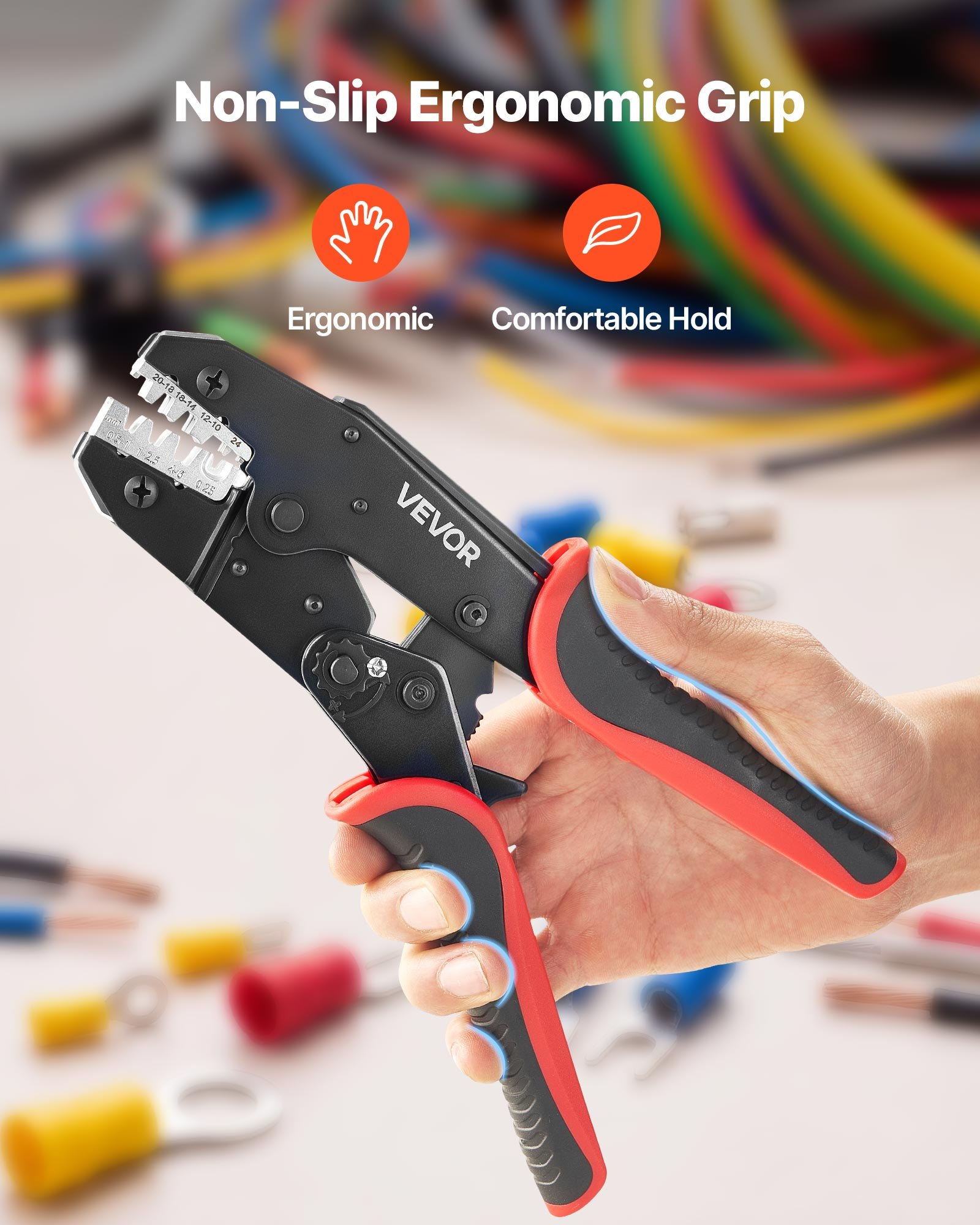 VEVOR Crimping Tool, 0.25-6 mm² Ratcheting Wire Crimper Tool, Labor-Saving Electrical Terminal Crimp Pliers with Clear Metric & AWG Markings, Quick Release, Adjustable Pressure for Multiple Terminals