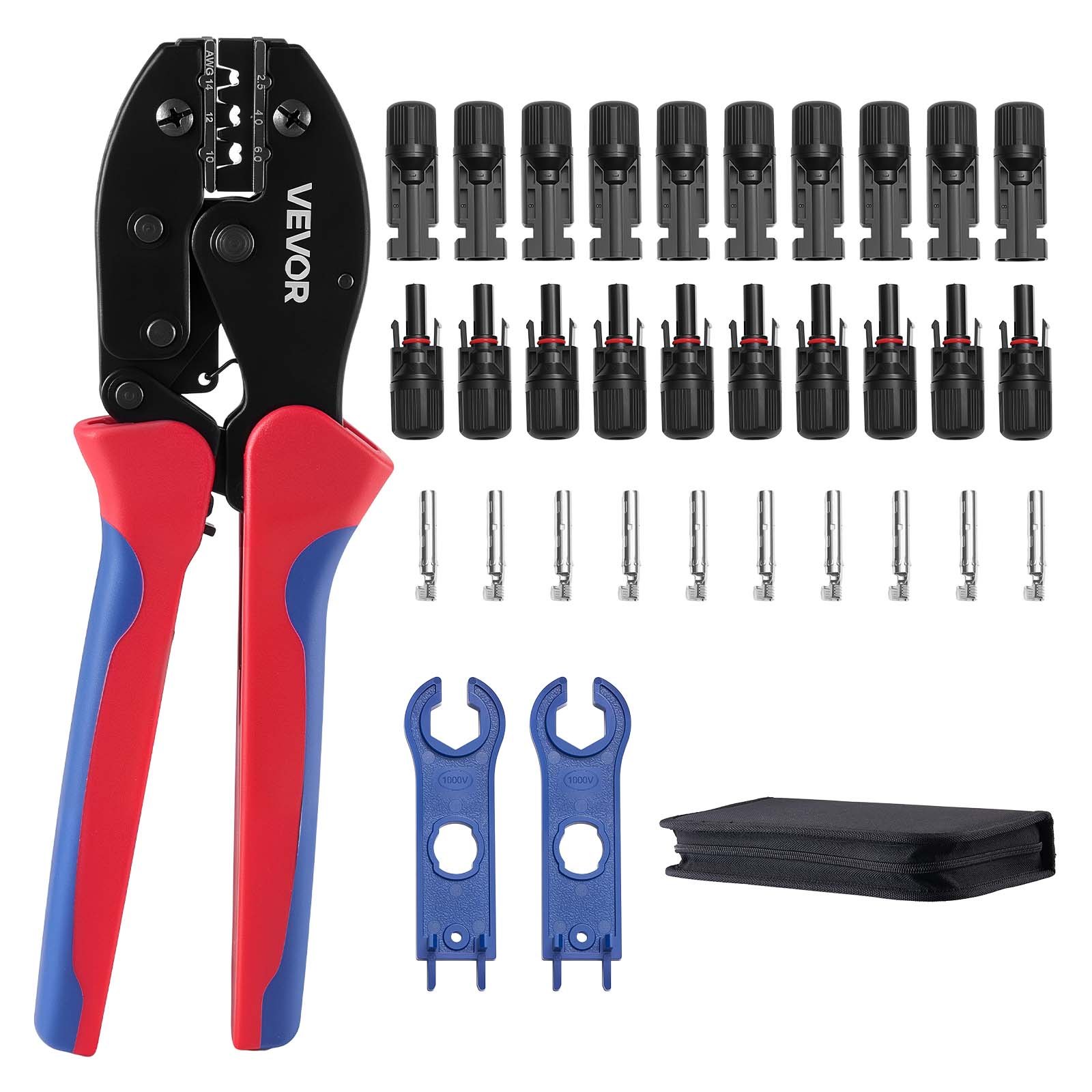 VEVOR Crimping Tool, 2.5-6 mm² Ratcheting Solar Connector Crimper Tool Kit, Clear Metric & AWG Markings, with 10 Pairs Solar Connectors, 10 Pairs of Cable Connectors, Wrenches, and a Storage Case