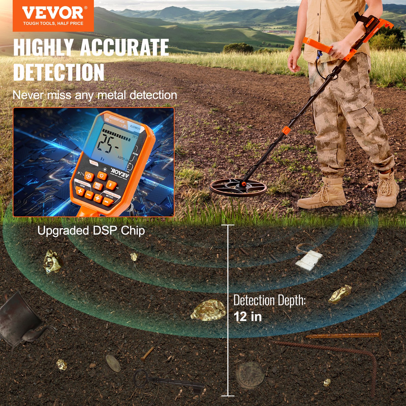 VEVOR vattentät metalldetektor, 12" spole, professionell uppladdningsbar gulddetektor, 39-50 tum Justerbar med LCD 7 lägen Advanced DSP Chip Bluetooth Headset, IP68 för att upptäcka guldskattjakt